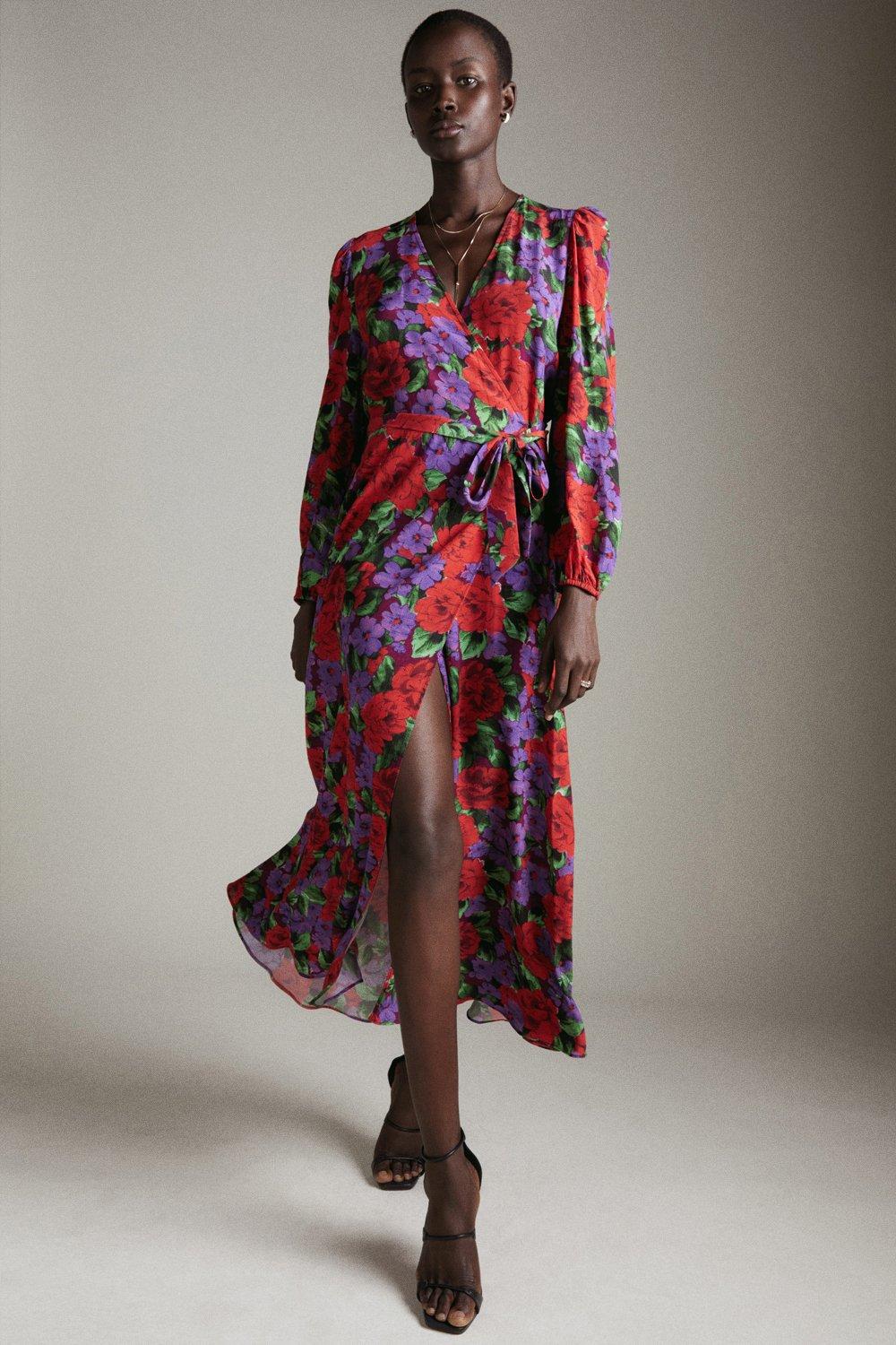 Rose Print Woven Long Sleeved Wrap Dress | Karen Millen